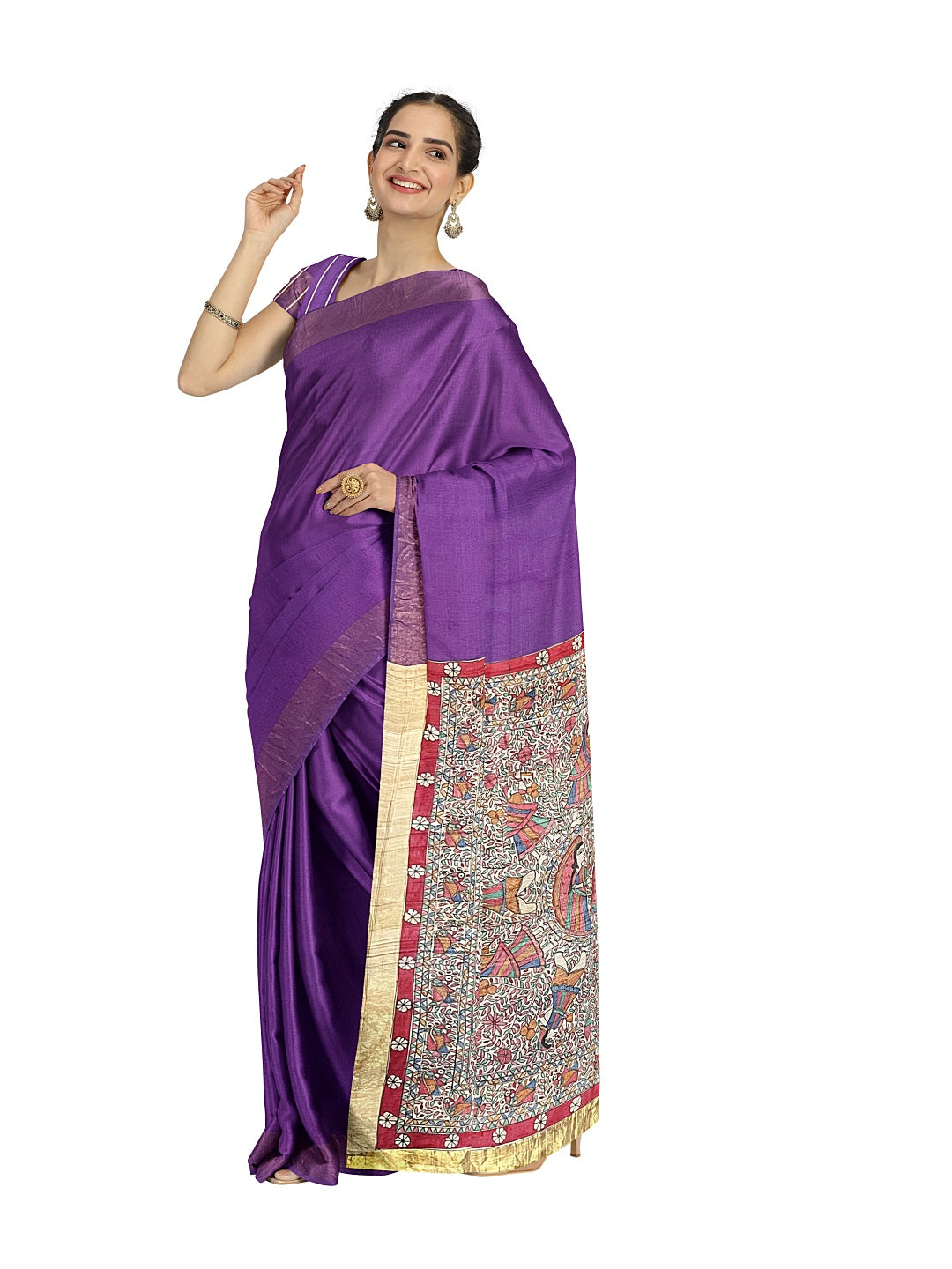 Hand-painted Madhubani Tussar Staple Silk Saree on Purple